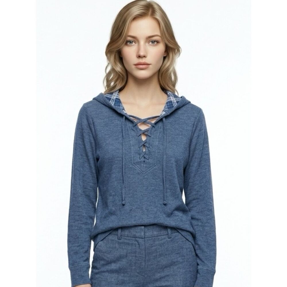 CLOTH & STONE | Navy Blue Lace Up Hooded Top Plaid Accents Women’s Size X-Small